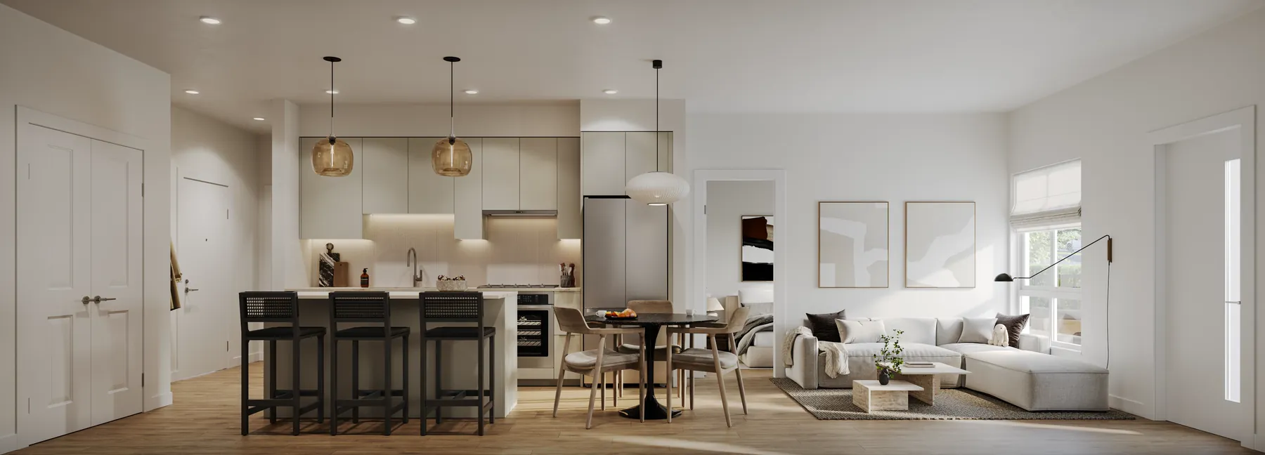 A Clayton living room and kitchen