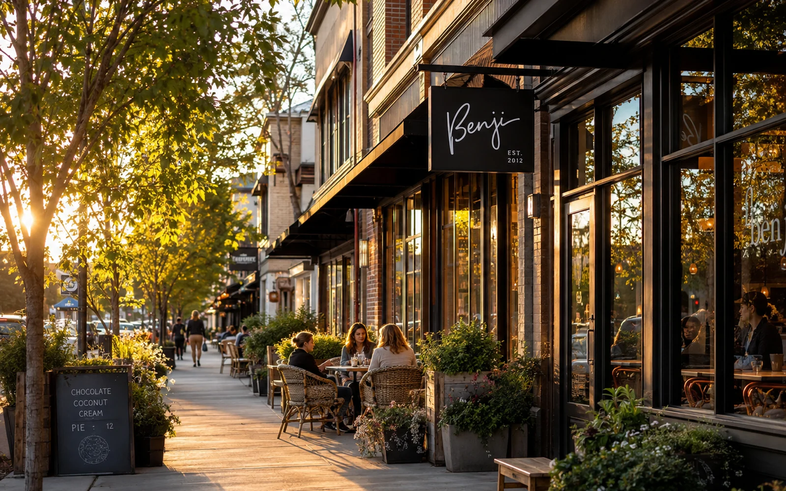 Cafes and shops on the high street near Clayton